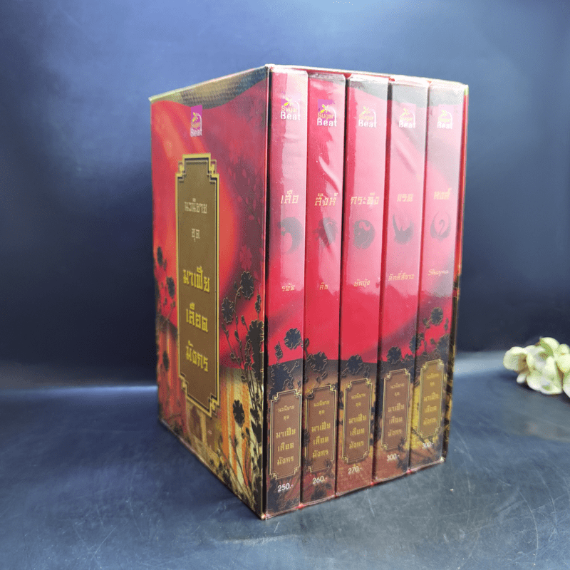 Boxset นิยายชุด มาเฟียเลือดมังกร 5 เล่ม ได้แก่ เสือ สิงห์ กระทิง แรด หงส์ - รพัด, ลิซ, ผักบุ้ง, ลิลลี่สีขาว, เรนนี่